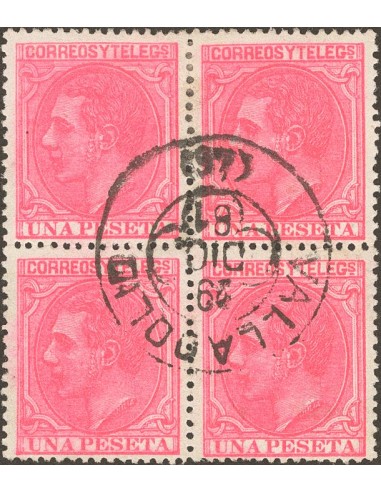 Castilla y León. Filatelia. º207(4). 1879. 1 pts rosa, bloque de cuatro. Matasello trébol VALLADOLID / (46). MAGNIFICA.