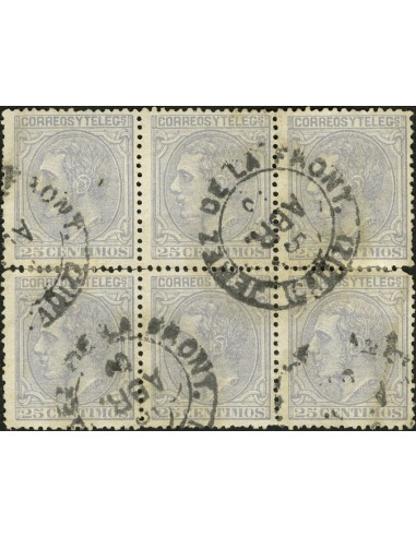 Andalucía. Filatelia. º204(6). 1879. 25 cts gris, bloque de seis. Matasello trébol JEREZ DE LA FRONT. / (CADIZ). MAGNIFICA.