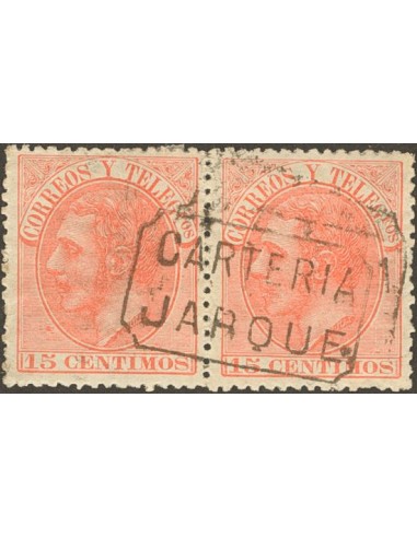 Aragón. Filatelia. º210(2). 1882. 15 cts naranja, pareja. Matasello CARTERIA / JARQUE. MAGNIFICO.