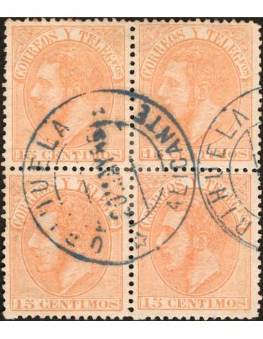 Comunidad Valenciana. Filatelia. º210(4). 1882. 15 cts naranja, bloque de cuatro. Matasello ORIHUELA / *ALICANTE*, en azul. MA