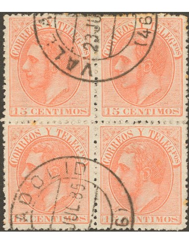 Castilla y León. Filatelia. º210(4). 1882. 15 cts naranja, bloque de cuatro. Matasello VALLADOLID / (46). MAGNIFICO.