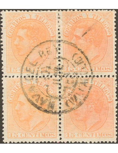 Castilla y León. Filatelia. º210(4). 1882. 15 cts naranja, bloque de cuatro. Matasello trébol NAVA DEL REY / (VALLADOLID). MAG