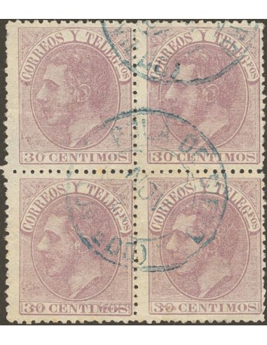 Asturias. Filatelia. º211(4). 1882. 30 cts lila, bloque de cuatro. Matasello trébol POLA DE SIERO / (OVIEDO), en azul. MAGNIFI