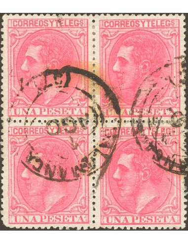 Castilla y León. Filatelia. º207(4). 1879. 1 pts rosa, bloque de cuatro. Matasello trébol SALAMANCA / (37). MAGNIFICO.