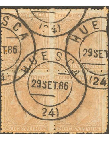 Aragón. Filatelia. º206(4). 1879. 50 cts naranja, bloque de cuatro. Matasello trébol HUESCA / (24). MAGNIFICO.