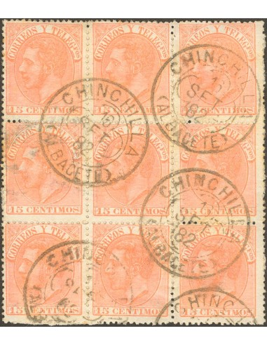 Castilla-La Mancha. Filatelia. º210(9). 1882. 15 cts naranja, bloque de nueve. Matasello trébol CHINCHILLA / (ALBACETE). MAGNI