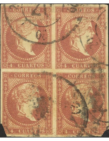 País Vasco. Filatelia. º48(4). 1856. 4 cuartos rojo, bloque de cuatro. Matasello R. CARRETA Nº 20, ligero defecto.