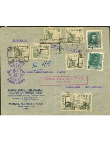 Guerra Civil. Bando Nacional Correo Certificado. Sobre 817(7), 841(2). 1937. 10 cts., siete sellos y 15 cts., dos sellos. VIGO