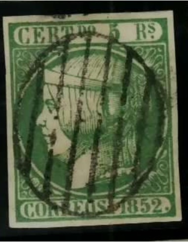 FA2029. Emision 1852. 5 Reales verde cancelado con parrilla negra