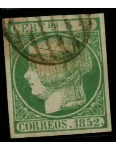 FA2031. Emision 1852. 5 Reales verde cancelado con parrilla negra