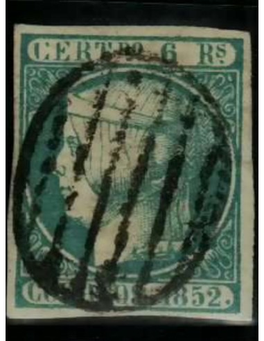 FA2033. Emision 1852. 6 Reales azul cancelado con parrilla negra