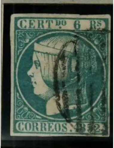 FA2034. Emision 1852. 6 Reales azul cancelado con parrilla negra