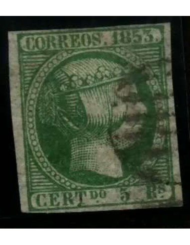FA2056. Emision 1853. Valor 5 reales verde cancelado con Parrilla