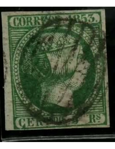 FA2057. Emision 1853. Valor 5 reales verde cancelado con Parrilla