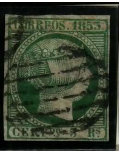 FA2058. Emision 1853. Valor 5 reales verde cancelado con Parrilla