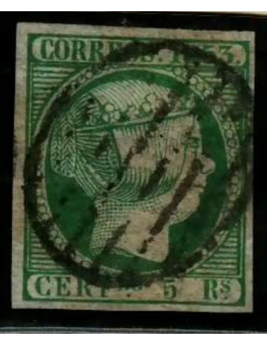 FA2059. Emision 1853. Valor 5 reales verde cancelado con Parrilla