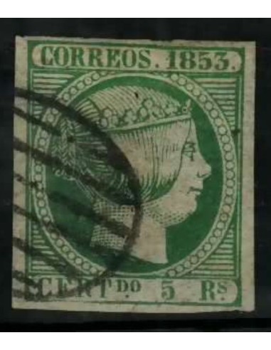 FA2060. Emision 1853. Valor 5 reales verde cancelado con Parrilla