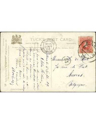 País Vasco. Historia Postal. Sobre 243. 1909. 10 cts. rojo. Tarjeta Postal de BILBAO a ANVERS (BELGICA). Matasello BILBAO / 4.