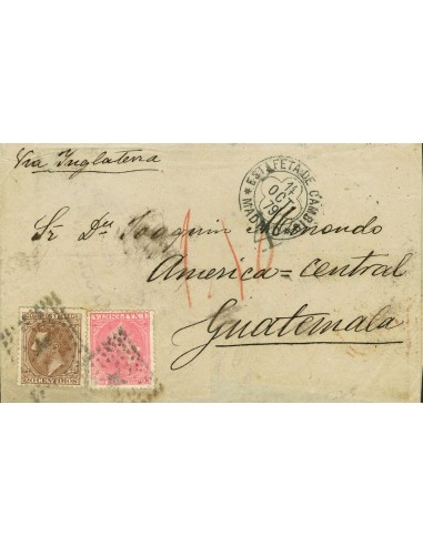 Alfonso XII. Sobre 203, 207. 1879. 20 cts. castaño y 1 pts. rosa. MADRID a GUATEMALA. Matasello ROMBO CON ESTRELLA, en el fren