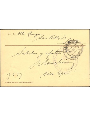 Guerra Civil. Postal Nacional. Sobre . 1937. Tarjeta Postal de LUARCA A SEVILLA. Franquicia GRUPO ANTIAEREO / 2ª BATERIA. MAGN