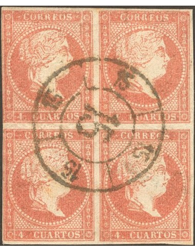 Aragón. Filatelia. º48(4). 1856. 4 cuartos rojo, bloque de cuatro. Matasello R. CARRETA Nº 15. MAGNIFICO.
