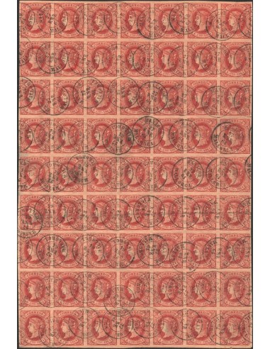 Islas Baleares. Filatelia. º64(63). 1864. 4 cuartos rojo, bloque de sesenta y tres. Matasello MANACOR / BALEARES. MAGNIFICO Y
