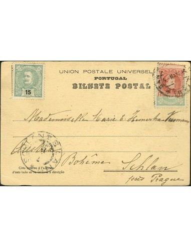 País Vasco. Historia Postal. Sobre 243, Yv128(2). 1904. 10 cts. rojo y 15 reis verde, dos sellos.Tarjeta Postal de BELEN (PORT