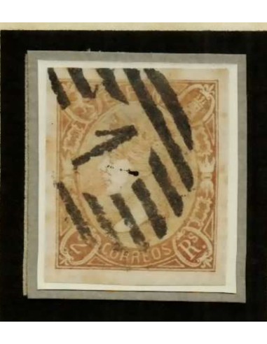 FA2536. Emision 1-01-1865. SD. Valor de 2 reales lila matasello parrilla con cifra 1