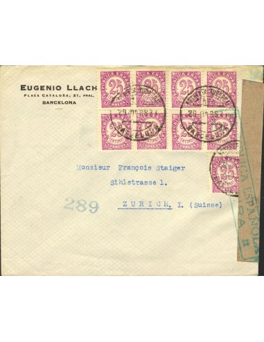 Guerra Civil. Censura Militar Bando Republicano. Sobre 749(9). 1938. 25 cts., bloque de ocho y un sello. BARCELONA a ZURICH (S