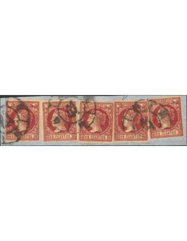 País Vasco. Filatelia. Fragmento 53(5). 1860. 12 cuartos carmín, cinco sellos, sobre fragmento. Matasello R. CARRETA Nº 41. MA
