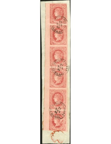 Andalucía. Filatelia. Fragmento 64(6). 1864. 4 cuartos rosa, tira de seis, borde de hoja, sobre fragmento. Matasello HUERCALOV
