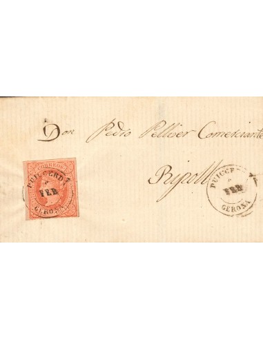 Cataluña. Historia Postal. Sobre 64. 1864. 4 cuartos rosa. PUIGCERDA a RIPOLL. Matasello PUIGCERDA / GERONA. MAGNIFICA.