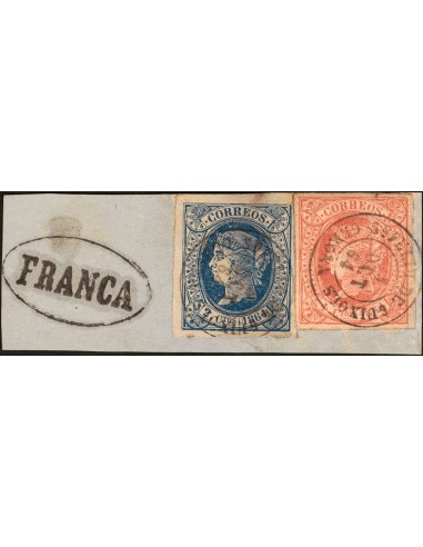 Cataluña. Filatelia. Fragmento 63, 64. 1864. 2 cuartos azul y 4 cuartos rosa, sobre fragmento. Matasello SN. FELIU DE GUIXOLS