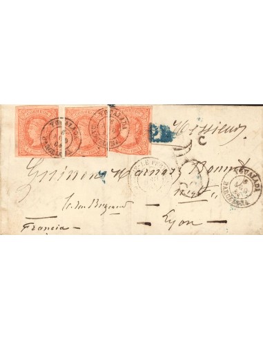 Cataluña. Historia Postal. Sobre 64(3). 1864. 4 cuartos rosa, tres sellos. YGUALADA a LYON (FRANCIA). Matasello YGUALADA / BAR