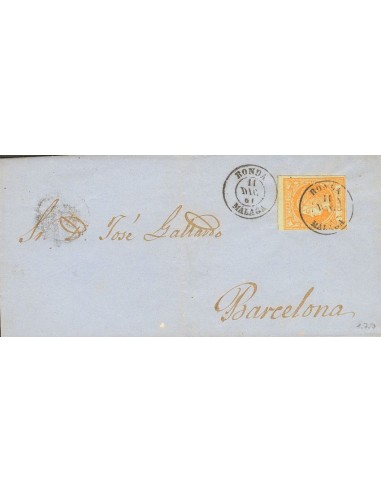 Andalucía. Historia Postal. Sobre 52. 1861. 4 cuartos amarillo. RONDA a BARCELONA. Matasello RONDA / MALAGA. MAGNIFICA.
