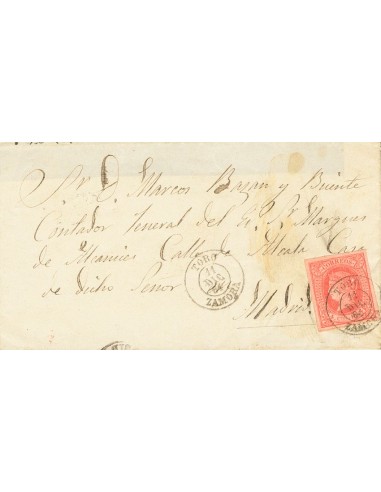 Castilla y León. Historia Postal. Sobre 64. 1864. 4 cuartos rojo. TORO a MADRID. Matasello TORO / ZAMORA. MAGNIFICA.