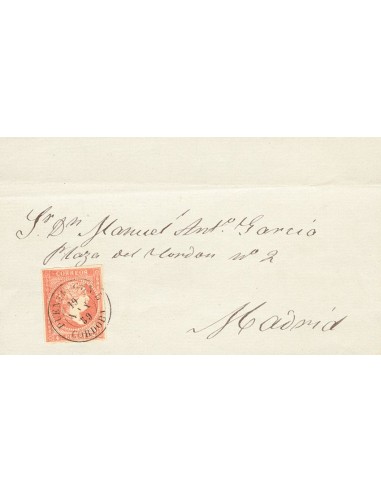 Andalucía. Historia Postal. Sobre 48. 1859. 4 cuartos rojo. Frontal de PUENTE GENIL a MADRID. Matasello PUENTE GENIL / CORDOBA
