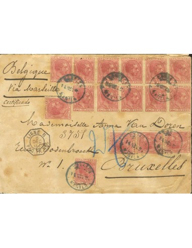 Filipinas. Sobre 57(16). 1880. 2 cts. rosa, bloque de once y cinco sellos. Certificado de MANILA a BRUSELAS. Matasello CORREOS