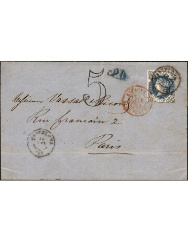 Cataluña. Historia Postal. Sobre 59. 1864. 12 cuartos azul. BARCELONA a PARIS (FRANCIA). Matasello BARCELONA / (2). MAGNIFICA.