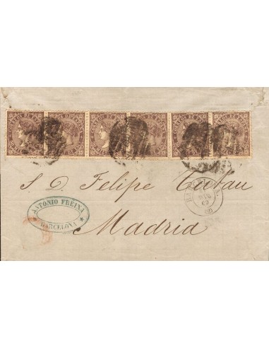 Cataluña. Historia Postal. Sobre 98(6). 1869. 50 mils. violeta, seis sellos. BARCELONA a MADRID. Matasello PARRILLA Nº 2. RARA