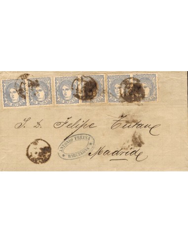 Cataluña. Historia Postal. Sobre 107(6). 1870. 50 mils. Ultramar, seis sellos. BARCELONA a MADRID. Matasello BARCELONA / (2).