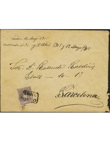 Aragón. Historia Postal. Sobre 246. 1905. 15 cts violeta. RILLO a BARCELONA. Matasello de cartería TERUEL / RILLO. MAGNIFICA.