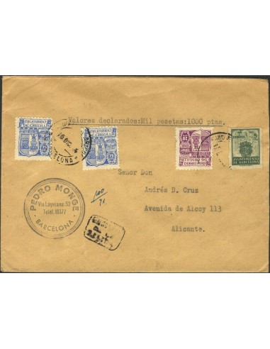Estado Español Correo Certificado. Sobre 974, 976(2). 1944. 75 cts. rosa, dos sellos. BARCELONA a ALICANTE. Matasello VALORES