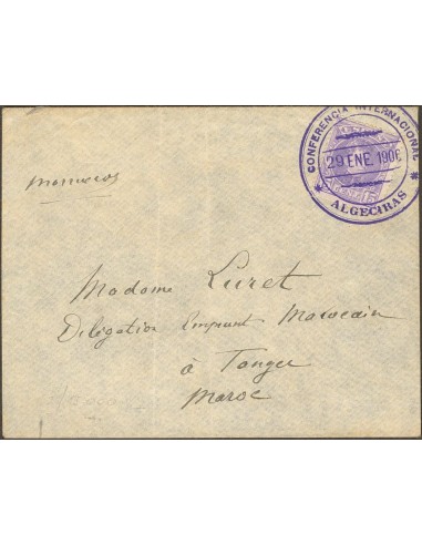 Andalucía. Historia Postal. Sobre 246. 1906. 15 cts violeta. ALGECIRAS a TANGER. Matasello especial CONFERENCIA INTERNACIONAL