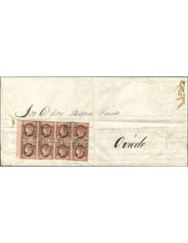 Asturias. Historia Postal. Sobre 58(8). 1863. 4 cuartos castaño, bloque de ocho sellos. CANGAS DE ONIS a OVIEDO. Matasello CAN