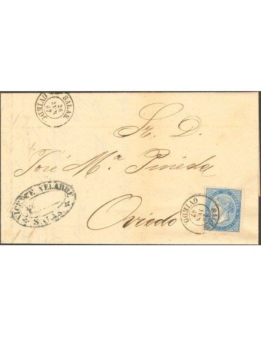 Asturias. Historia Postal. Sobre 88. 1867. 4 cuartos azul. SALAS a OVIEDO. Matasello SALAS / OVIEDO. MAGNIFICA.