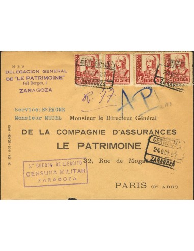 Guerra Civil. Censura Militar Bando Nacional. Sobre 823(4). 1937. 30 cts. carmín, cuatro sellos. ZARAGOZA a PARIS. Matasello C