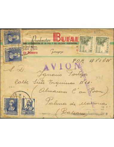 Guerra Civil. Bando Nacional Correo Aéreo. Sobre 860(3), 825, 817(2). 1939. 10 cts., dos sellos, 50 cts. y 1 pts., tres sellos