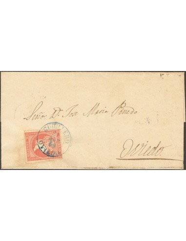 Asturias. Historia Postal. Sobre 48. 1859. 4 cuartos rojo. CUDILLERO a OVIEDO. Matasello CUDILLERO / OVIEDO (tipo I), en azul.