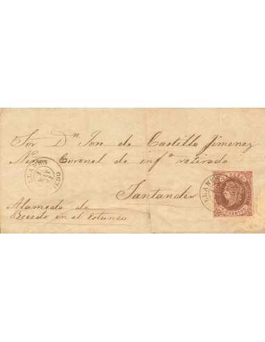 Asturias. Historia Postal. Sobre 58. 1863. 4 cuartos castaño. LLANES a SANTANDER. Matasello LLANES / OVIEDO. MAGNIFICO.